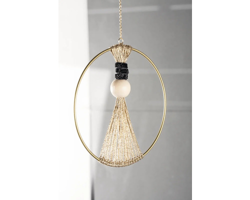 Suspension décorative avec anneau doré, éléments noirs et boule en bois