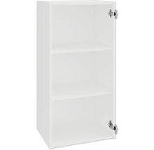 Meuble haut blanc avec deux étagères et une porte ouverte.