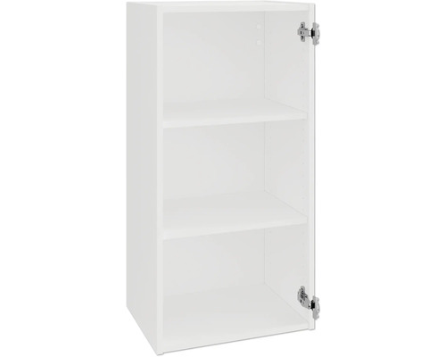 Meuble haut blanc avec deux étagères et une porte ouverte.