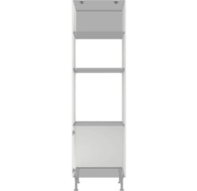 Armoire haute avec trois étagères et une porte dans la partie inférieure.