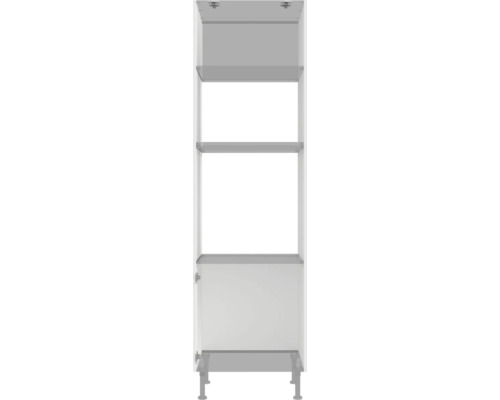 Armoire haute avec trois étagères et une porte dans la partie inférieure.