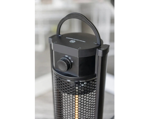 Schwarzer Heizstrahler mit Tragegriff und Drehknopf