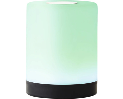Zylindrische Tischleuchte mit einfarbigem Licht und schwarzem Sockel.