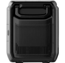 Rückansicht einer tragbaren Stromstation mit Kühlrippen und Tragegriff