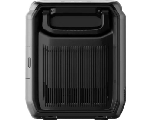 Rückansicht einer tragbaren Stromstation mit Kühlrippen und Tragegriff