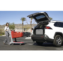 Frau schiebt Einkaufswagen zum Auto mit geöffnetem Kofferraum, in dem sich eine Kühlbox befindet