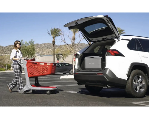 Frau schiebt Einkaufswagen zum Auto mit geöffnetem Kofferraum, in dem sich eine Kühlbox befindet