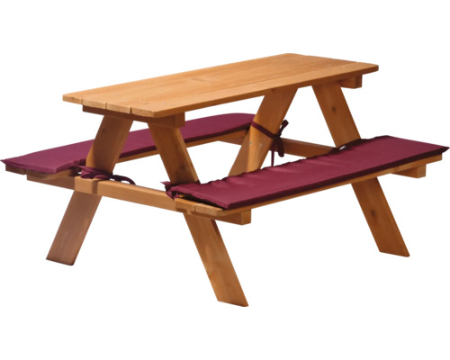 Table de pique-nique pour enfants en bois 89x79x50 cm brun, coussins d'assise inclus Ensemble de sièges pour enfants en bois avec coussins pour l'extérieur