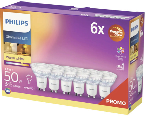 Packung mit sechs dimmbaren Philips LED Lampen mit GU10 Sockel