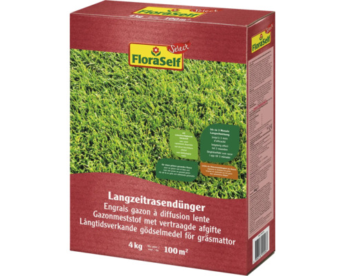 Engrais longue durée pour gazon FloraSelf Select 4 kg / 100 m² engrais minéral Engrais gazon longue durée FloraSelf pour un entretien durable du gazon, 4 kilogrammes pour 100 mètres carrés