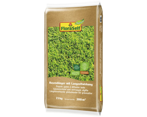 Engrais organique pour gazon avec effet longue durée FloraSelf Nature 15 kg 300 m² FloraSelf Engrais gazon à diffusion lente, 15 kg pour 300 mètres carrés