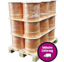 Palette mit Rollen mit Draht unter Plastikverpackung