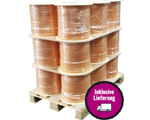 Palette Cat 7 Datenkabel Simplex orange 500 m Trommel 18 Stück Palette mit Rollen mit Draht unter Plastikverpackung