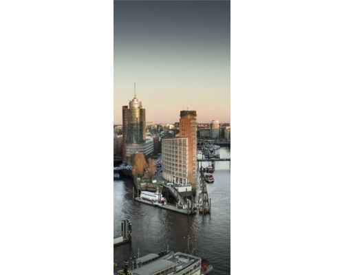Panneau mural de douche SCHULTE DecoDesign Hamburg Elbphilharmonie gauche 255 x 100 cm D190102523 8137 Vue sur les bâtiments et un fleuve dans une ville