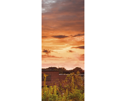 Panneau mural de douche SCHULTE DecoDesign Zeche Ewald droite 255 x 100 cm D190102523 8130 Ciel du soir au-dessus d''un bâtiment et de plantes