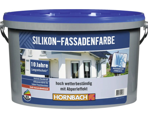 Eimer Silikon-Fassadenfarbe mit dem Hinweis wasserabweisend und atmungsaktiv