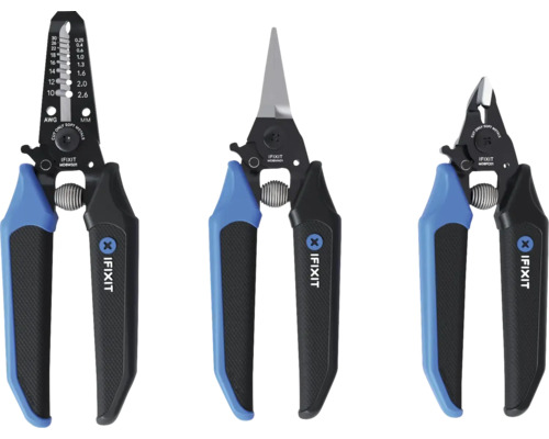 Trois outils iFixit : pince à dénuder, coupe-câble et pince coupante de côté