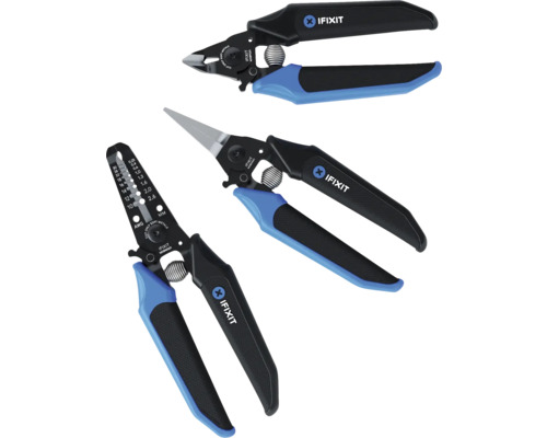 Trois pinces à outils iFixit avec manche bleu