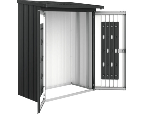 Pack de portes pour WoodStock 150, 138x172.5 cm, gris foncé métallique Abri de jardin en métal avec portes ouvertes.