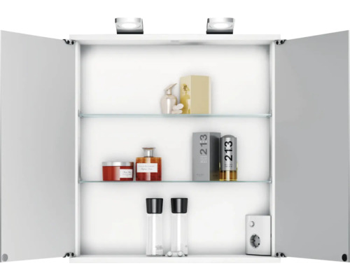 Armoire de toilette ouverte avec étagères en verre pour ranger les articles de salle de bain