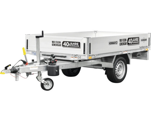 Édition anniversaire remorque benne Humbaur Tipper Special avec ridelle lisse 2300 x 1400 x 300 mm freinée poids total autorisé 1500 kg Remorque Humbaur avec impression d''anniversaire pour le 40e anniversaire