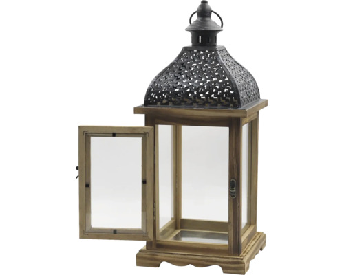 Lanterne décorative en bois et verre avec porte ouverte.