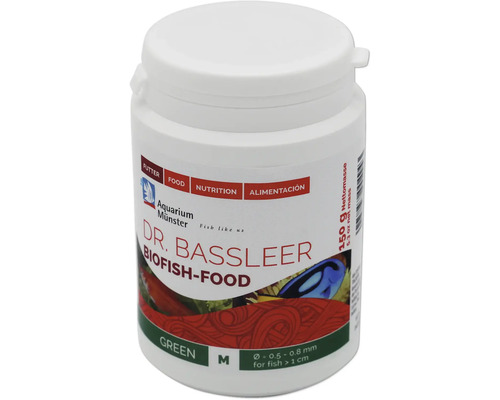 Nourriture pour poissons d'aquarium Aquarium Münster Dr. Bassleer Biofish Food green M 150 g Dr. Bassleer Biofish-Food dans une boîte blanche