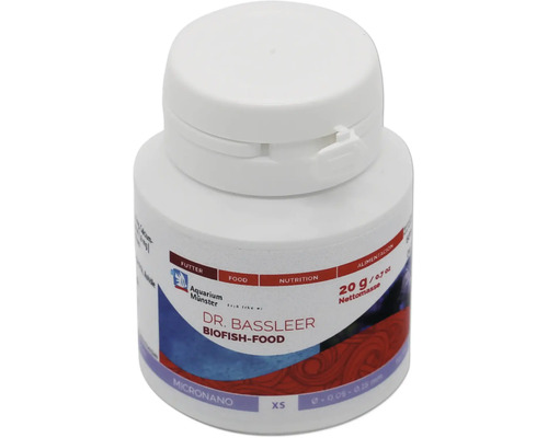 Nourriture pour poissons d'aquarium Aquarium Münster Dr. Bassleer Biofish Food Micronano Xs 20 g Dr. Bassleer Biofish-Food dans une boîte blanche