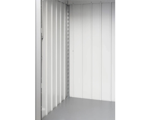 Regalsteher Biohort für Mülltonnenbox Alex 2 Stück grau Innenansicht eines Metallgerätehauses mit Wänden und Regalstützen