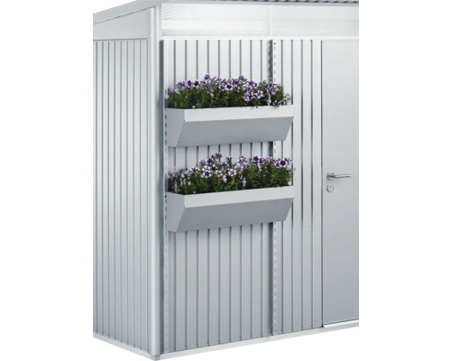 Ensemble de jardinières biohort Flora Board 82x25x188 cm argent métallique Abri de jardin avec deux jardinières plantées