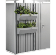 Abri de jardin en métal avec deux bacs à herbes plantés