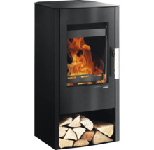 Poêle à bois avec compartiment à bois et feu qui brûle