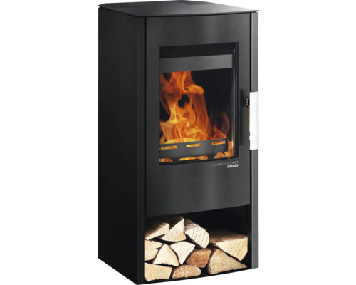 Poêle à bois avec compartiment à bois et feu qui brûle