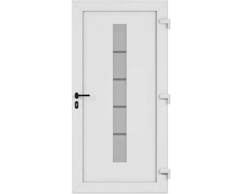 Porte intérieure blanche avec insert en verre rectangulaire et poignée de porte noire
