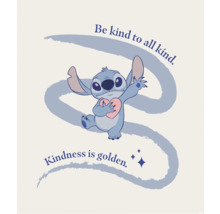 Illustration de Stitch avec un cœur et les dictons Soyez gentil avec tout le monde et la gentillesse est en or.