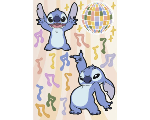 Illustration mit zwei Stitch-Figuren, Diskokugel, Musiknoten und Sternen