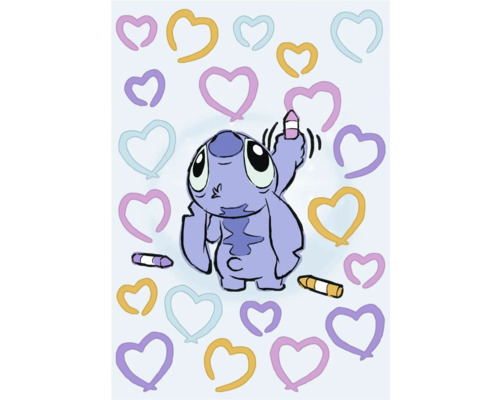 Cartoonfigur Stitch mit Farbstiften und Herzen