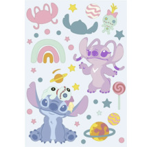 Illustration mit Zeichentrickfiguren, Sternen, Planeten und Regenbogen