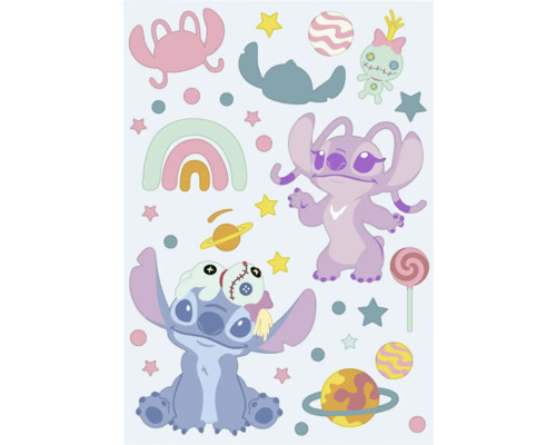 Illustration mit Zeichentrickfiguren, Sternen, Planeten und Regenbogen