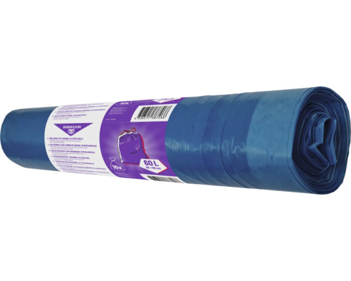 Rouleau de sacs poubelles bleus avec cordon de serrage, contenance 60 litres