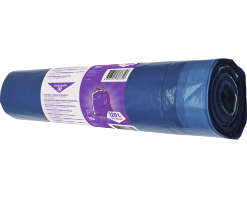 Rouleau de sacs poubelles bleus avec cordon de serrage, 10 pièces, 120 litres
