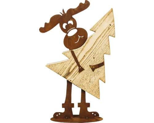 Weihnachtsdekoration Badeko Elch Max Stahl Holz Dekorative Elchfigur aus Metall und Holz mit Weihnachtsbaum