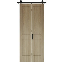 Système de porte coulissante avec deux portes coulissantes en bois et rail noir