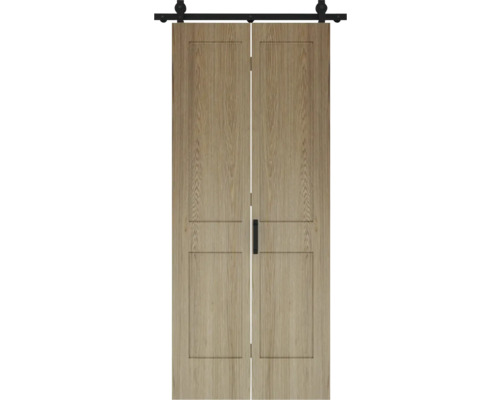 Système de porte coulissante avec deux portes coulissantes en bois et rail noir