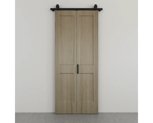 Kit complet porte coulissante pliante Pertura Milav Midbar chêne naturel 900x2150 mm y compris rail de guidage avec roulettes, jeu de poignées Porte coulissante double en bois avec ferrures