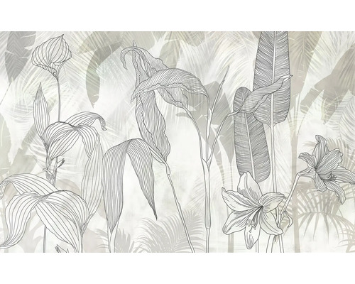 Papier peint panoramique intissé IF4-086 Infinity 2 lys rayés 4 pces 400 x 250 cm Illustration de plantes et de feuilles comme décoration murale