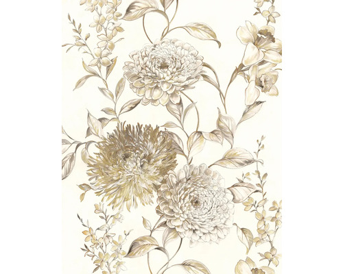 Papier peint panoramique intissé P267-VD2 Vintage Chrysanthemum 2 lés 200 x 250 cm Papier peint floral avec motif de fleurs et de feuilles