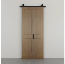 Double porte coulissante en bois avec rail et poignée noirs