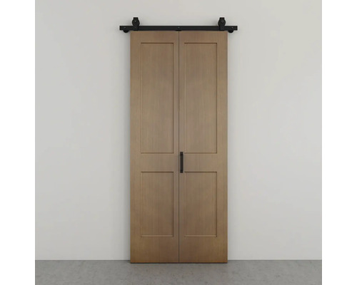 Kit complet porte coulissante pliante Pertura Milav Midbar chêne huilé 900x2150 mm y compris rail de guidage avec roulettes, jeu de poignées Double porte coulissante en bois avec rail et poignée noirs