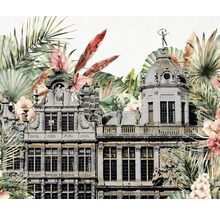 Papier peint avec décor de bâtiment et plantes tropicales